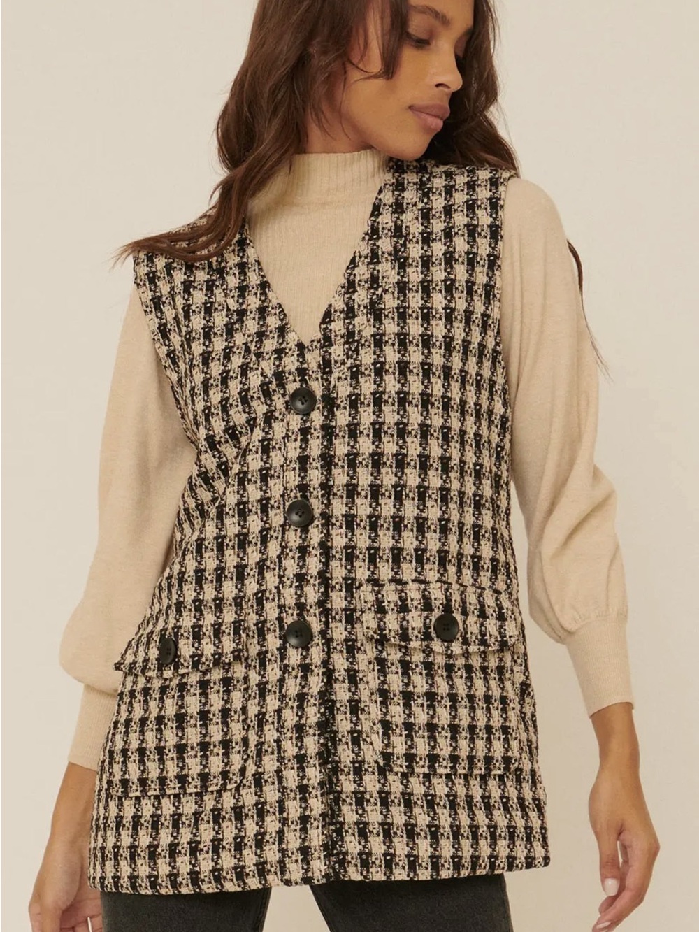 Promesa Black and Cream Tweed Button Cardigan Vest